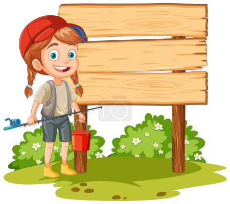 Illustration for Cheerful girl with tools by empty signboard - Royalty Free Image