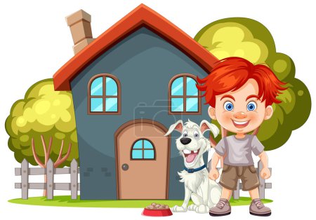 Téléchargez les illustrations : Garçon souriant avec chien de compagnie devant la maison - en licence libre de droit