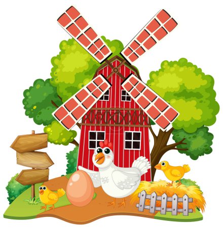 Colorful farm scene with windmill, birds, and eggs.
