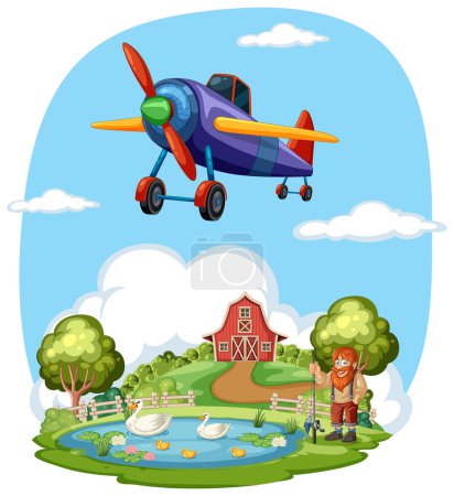 Téléchargez les illustrations : Avion coloré planant au-dessus d'un paysage rural. - en licence libre de droit
