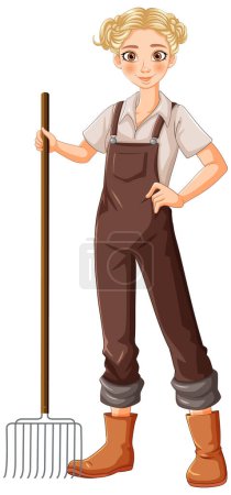 Illustration for Illustration of a woman farmer holding a pitchfork. - Royalty Free Image
