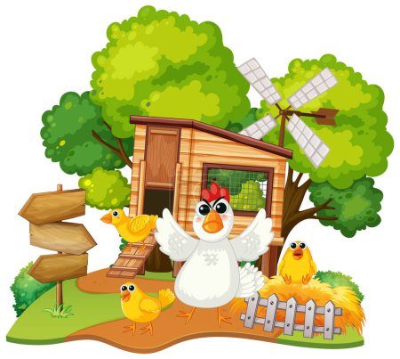 Cheerful chickens outside a wooden coop with windmill.