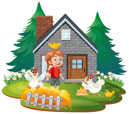 Lächelnder Junge umgeben von Hühnern vor einem Steinhaus.
