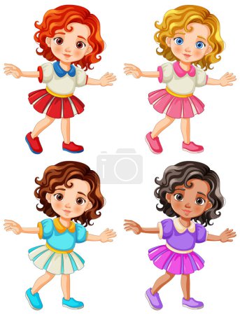 Ilustración de Cuatro chicas de dibujos animados con diferentes peinados bailando. - Imagen libre de derechos