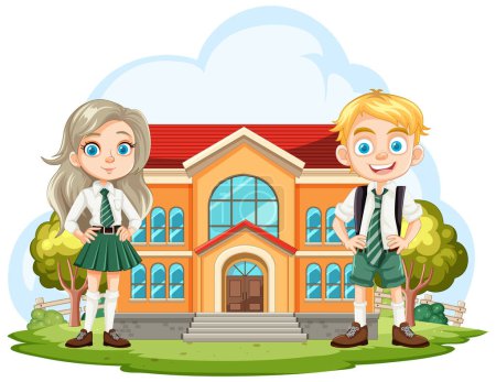 Illustration for Two cartoon kids in uniform outside their school. - Royalty Free Image