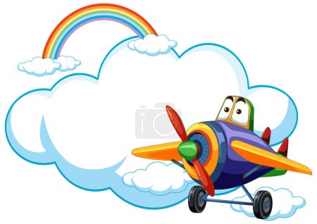 Illustration for Cartoon airplane flying among clouds and rainbow - Royalty Free Image
