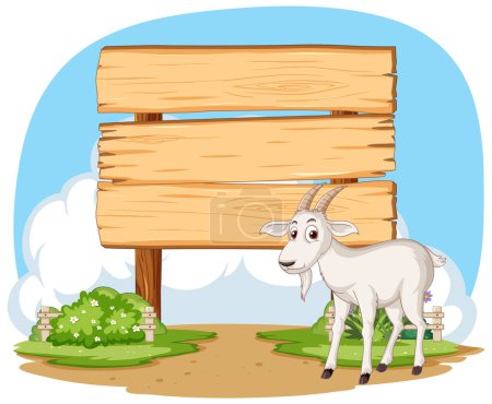 Ilustración de una cabra de pie junto a un signo.