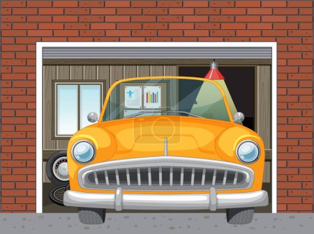 Téléchargez les illustrations : Taxi jaune classique garé à l'intérieur d'un garage en brique rouge - en licence libre de droit