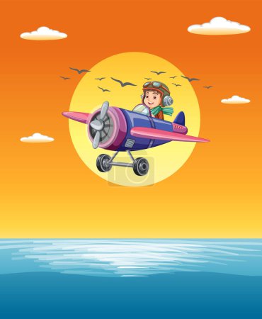 Téléchargez les illustrations : Pilote de bande dessinée volant un avion au-dessus de l'océan. - en licence libre de droit