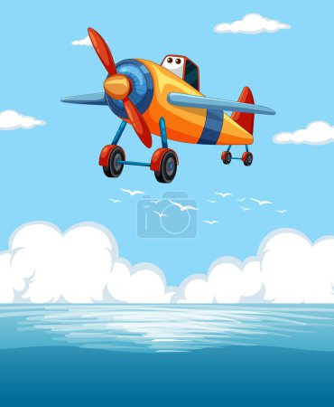 Téléchargez les illustrations : Avion animé volant au-dessus de l'océan avec nuages. - en licence libre de droit