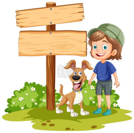 Téléchargez les illustrations : Enfant et animal de compagnie joyeux debout près d'un panneau indicateur vierge. - en licence libre de droit