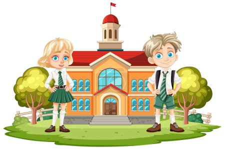 Téléchargez les illustrations : Deux enfants de bande dessinée debout devant une école. - en licence libre de droit