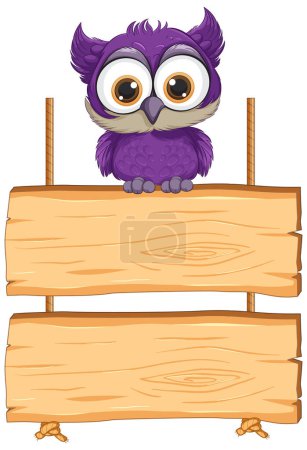 Ilustración de Adorable búho púrpura posado en letreros vacíos. - Imagen libre de derechos