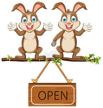 Téléchargez les illustrations : Deux lapins heureux tenant un panneau ouvert en bois. - en licence libre de droit