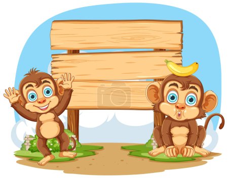 Téléchargez les illustrations : Deux singes de bande dessinée à côté d'un panneau en bois. - en licence libre de droit