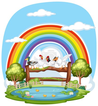 Illustration for Birds on a fence with rainbow over a pond - Royalty Free Image