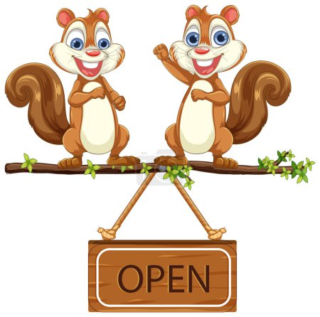 Téléchargez les illustrations : Deux écureuils heureux tenant un signe ouvert. - en licence libre de droit