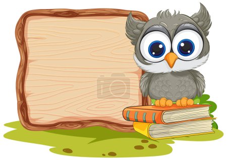 Photo for Cute owl beside a blank wooden signboard. - Royalty Free Image