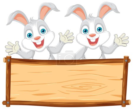 Illustration for Two cartoon rabbits holding a blank wooden sign. - Royalty Free Image