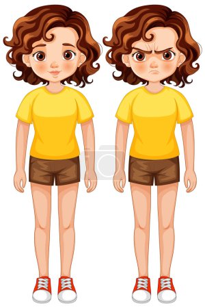 Téléchargez les illustrations : Illustration vectorielle de fille avec deux émotions contrastées - en licence libre de droit