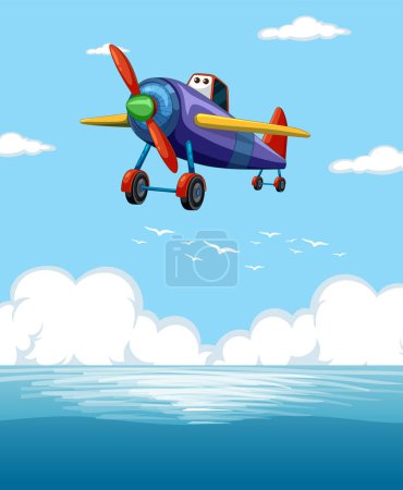 Ilustración de Avión animado volando sobre agua reflectante - Imagen libre de derechos
