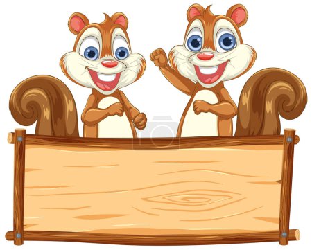 Téléchargez les illustrations : Deux écureuils heureux présentant un signe en bois vide. - en licence libre de droit
