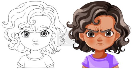Téléchargez les illustrations : Deux enfants de dessin animé montrant des expressions faciales en colère - en licence libre de droit