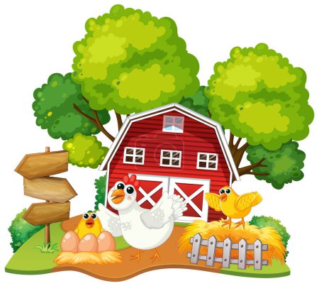 Illustration for Colorful farm scene with animals and a red barn - Royalty Free Image