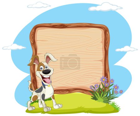 Illustration for Cheerful cartoon dog standing next to a signboard - Royalty Free Image