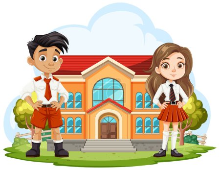 Illustration for Two students in uniform outside their school - Royalty Free Image