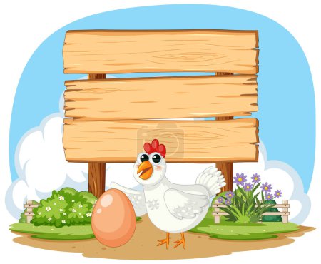 Illustration for Cartoon chicken beside egg and empty signboard. - Royalty Free Image
