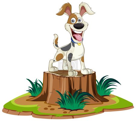 Illustration for Cheerful cartoon dog standing on a stump outdoors - Royalty Free Image
