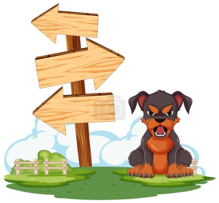 Cartoon dog sitting by directional wooden signs