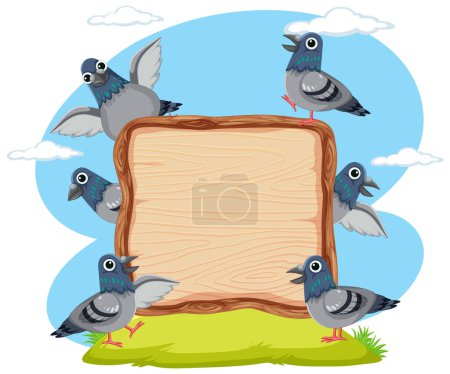 Illustration for Cartoon pigeons with a blank wooden signboard - Royalty Free Image