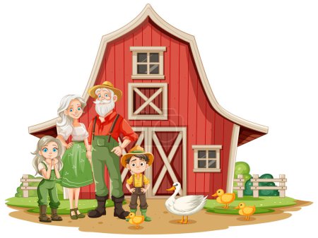 Illustration d'une famille avec des animaux dans une grange