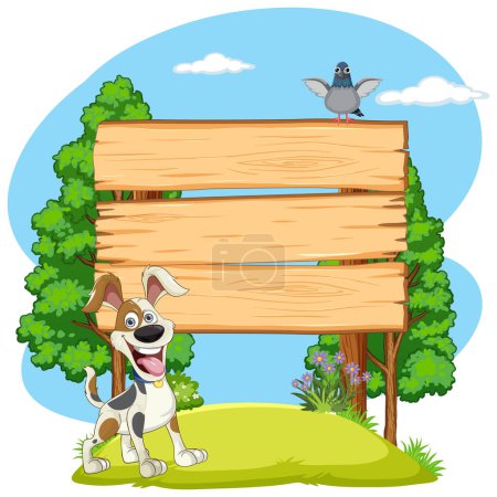 Ilustración de Perro y pájaro de dibujos animados junto a un cartel de madera vacío. - Imagen libre de derechos