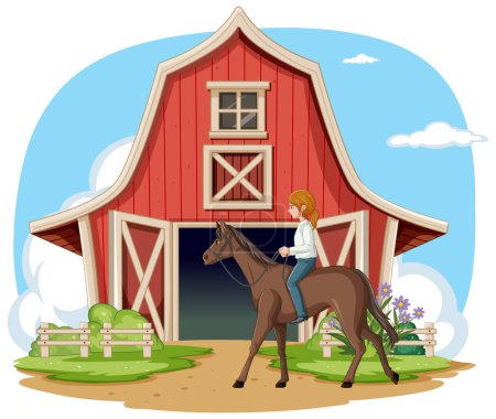 Illustration of person riding horse near barn