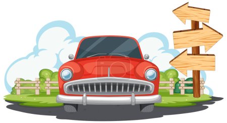 Illustration for Classic red car near wooden directional signpost. - Royalty Free Image