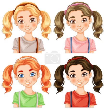 Téléchargez les illustrations : Quatre illustrations vectorielles de filles aux cheveux uniques - en licence libre de droit