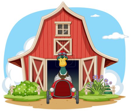 Téléchargez les illustrations : Dessin animé canard en salopette par une grange rouge et voiture. - en licence libre de droit