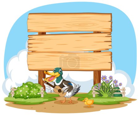 Illustration for Cartoon duck with duckling near a blank sign. - Royalty Free Image