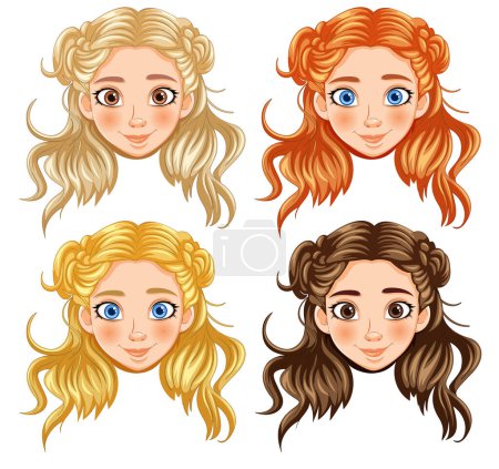 Vier Cartoon-Mädchen mit unterschiedlichen Haarfarben und Stilen.