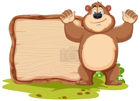 Illustration for Smiling cartoon bear presenting an empty signboard. - Royalty Free Image