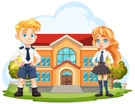 Two cartoon kids standing in front of their school.
