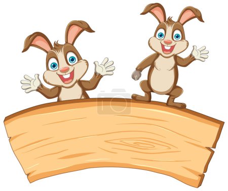 Illustration for Two cheerful rabbits standing behind a blank sign. - Royalty Free Image