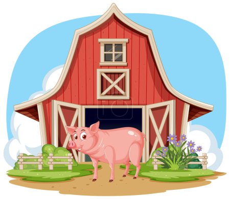 Téléchargez les illustrations : Illustration vectorielle d'un cochon près d'une grange. - en licence libre de droit