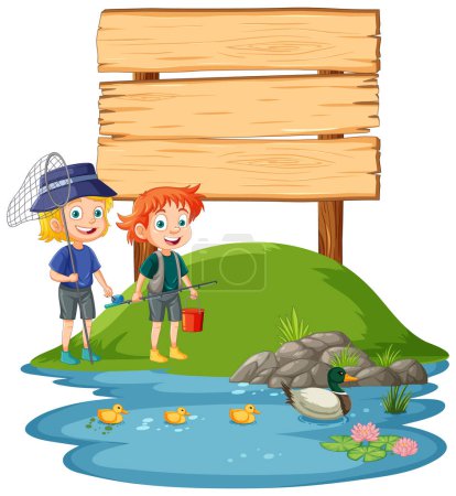 Téléchargez les illustrations : Deux enfants qui aiment pêcher près d'un panneau vierge - en licence libre de droit