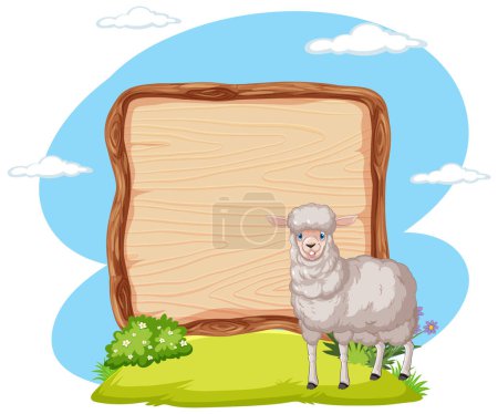 Illustration for Cartoon sheep standing next to a blank sign. - Royalty Free Image