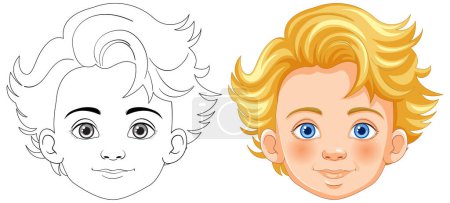 Illustration for Vector transformation of a boy's face from line art to color. - Royalty Free Image
