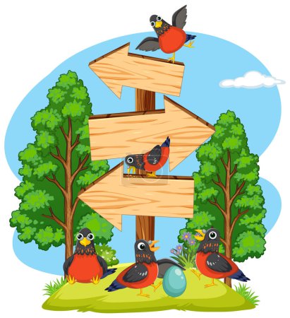 Ilustración de Ilustración de aves posadas en postes de señalización entre árboles - Imagen libre de derechos